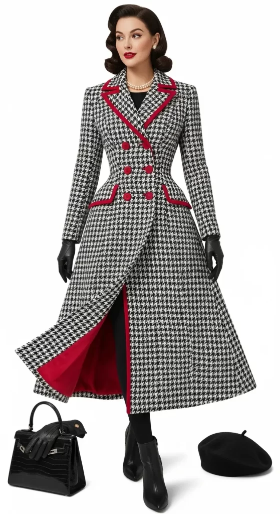 The Scarlet Trim Houndstooth Coat