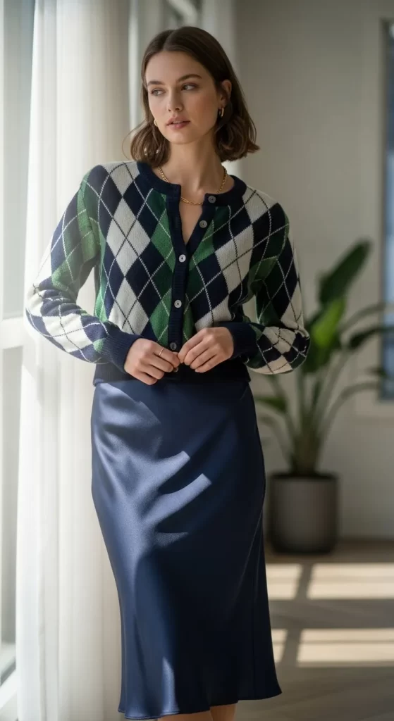The Modern Argyle Cardigan and Slip Skirt