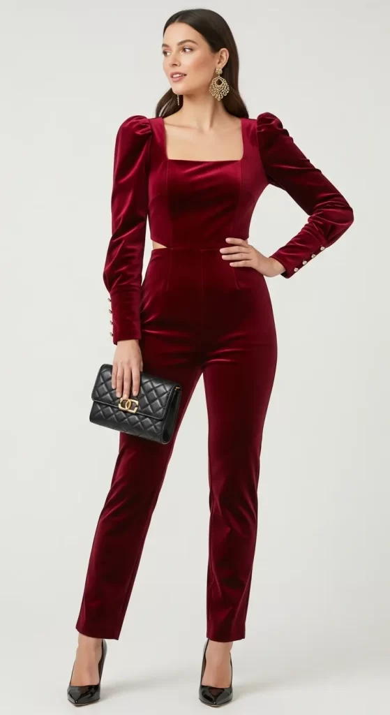 The Ruby Velvet Puff-Sleeve Jumpsuit