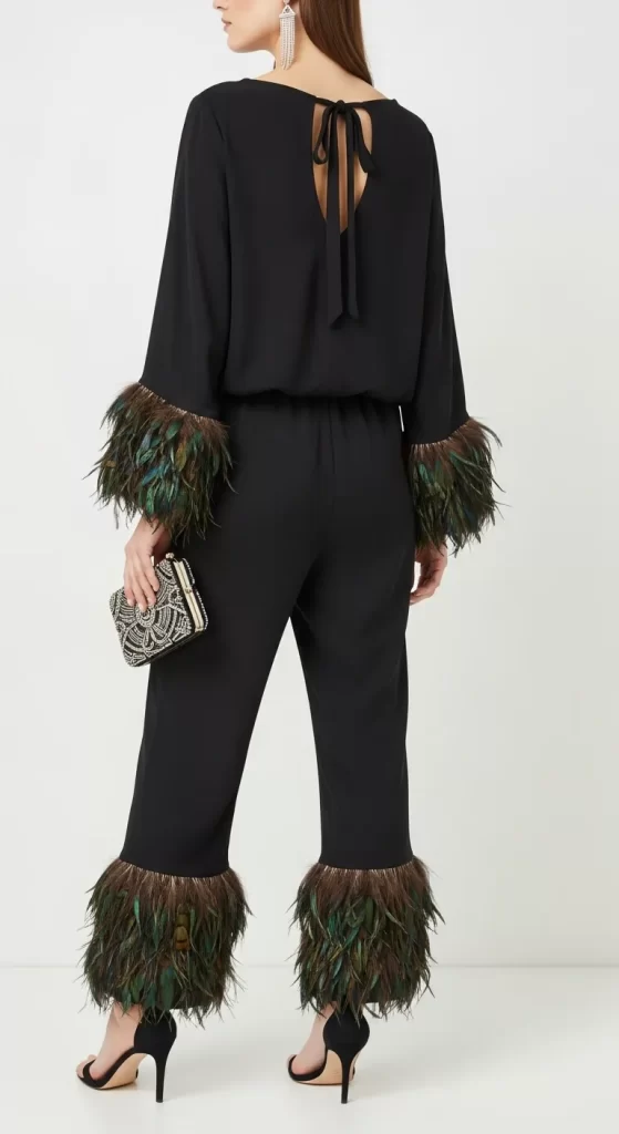The Plume-Trimmed Noir Jumpsuit