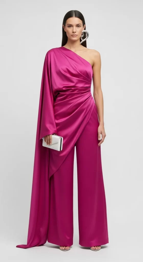 The Magenta One-Shoulder Cape Jumpsuit