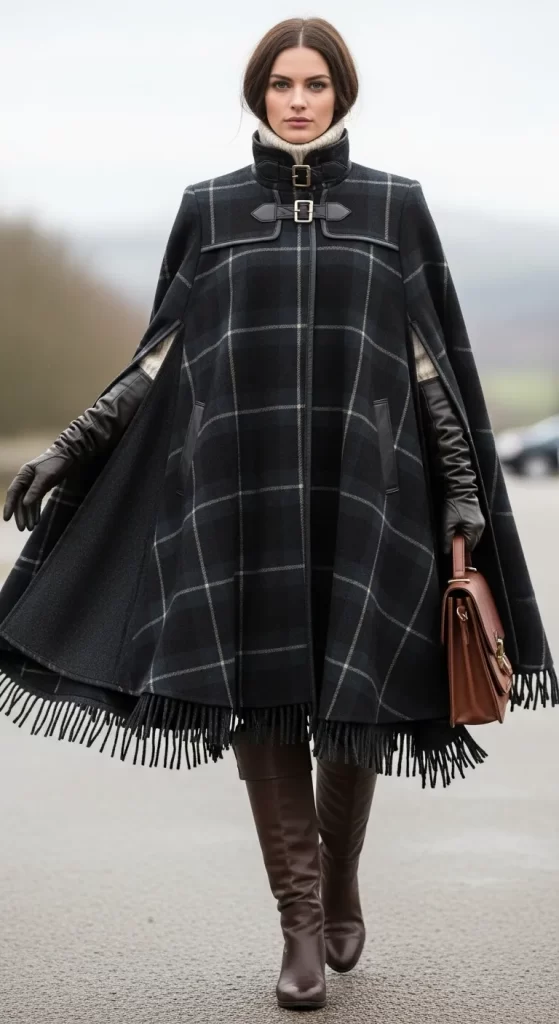 The Dramatic Fringed Plaid Cape